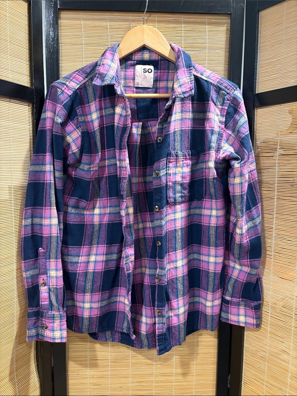 SO Navy and Pink Plaid Button-Up Shirt